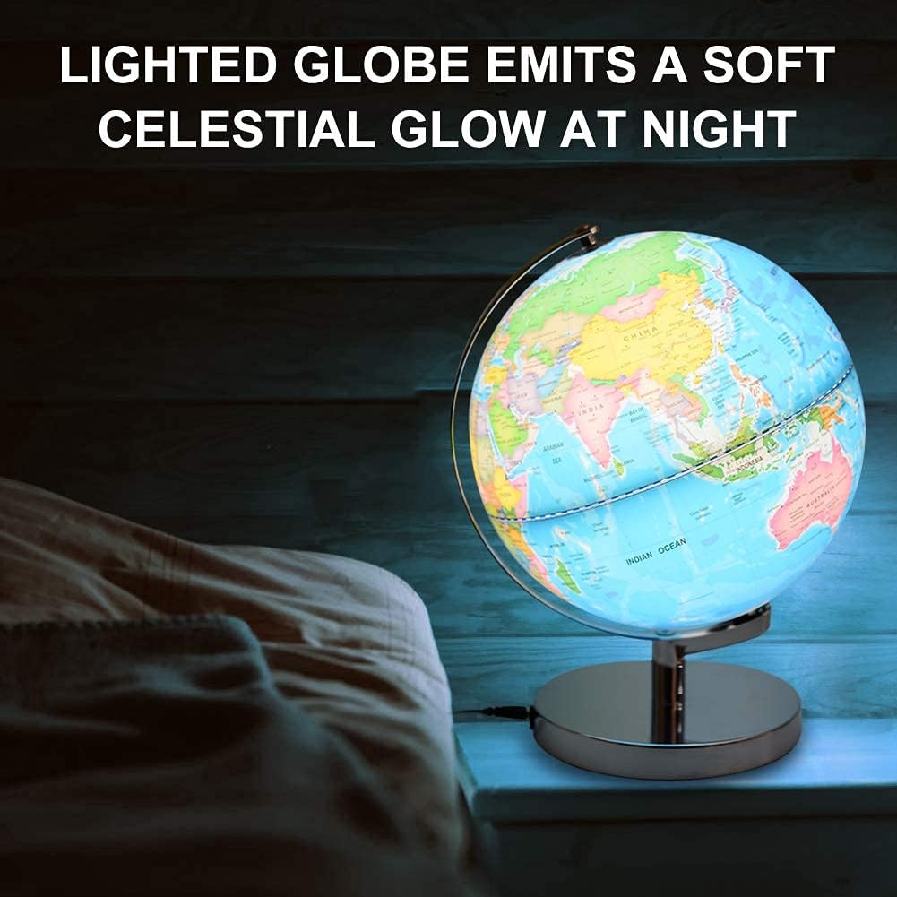 6 in1 Illuminated World Globe for Kids & Adults All Ages High Clear Map, Illuminates Educational Interactive STEM Toy, Light Up Kids Globe Lamp,Gifts For Boys And Girls