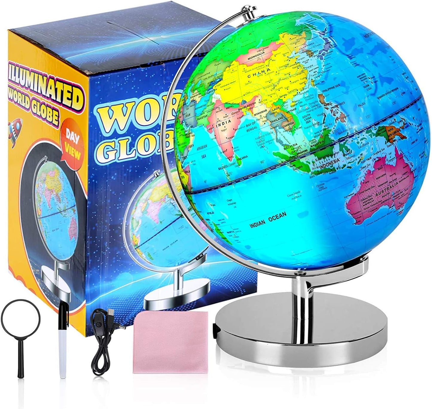 6 in1 Illuminated World Globe for Kids & Adults All Ages High Clear Map, Illuminates Educational Interactive STEM Toy, Light Up Kids Globe Lamp,Gifts For Boys And Girls